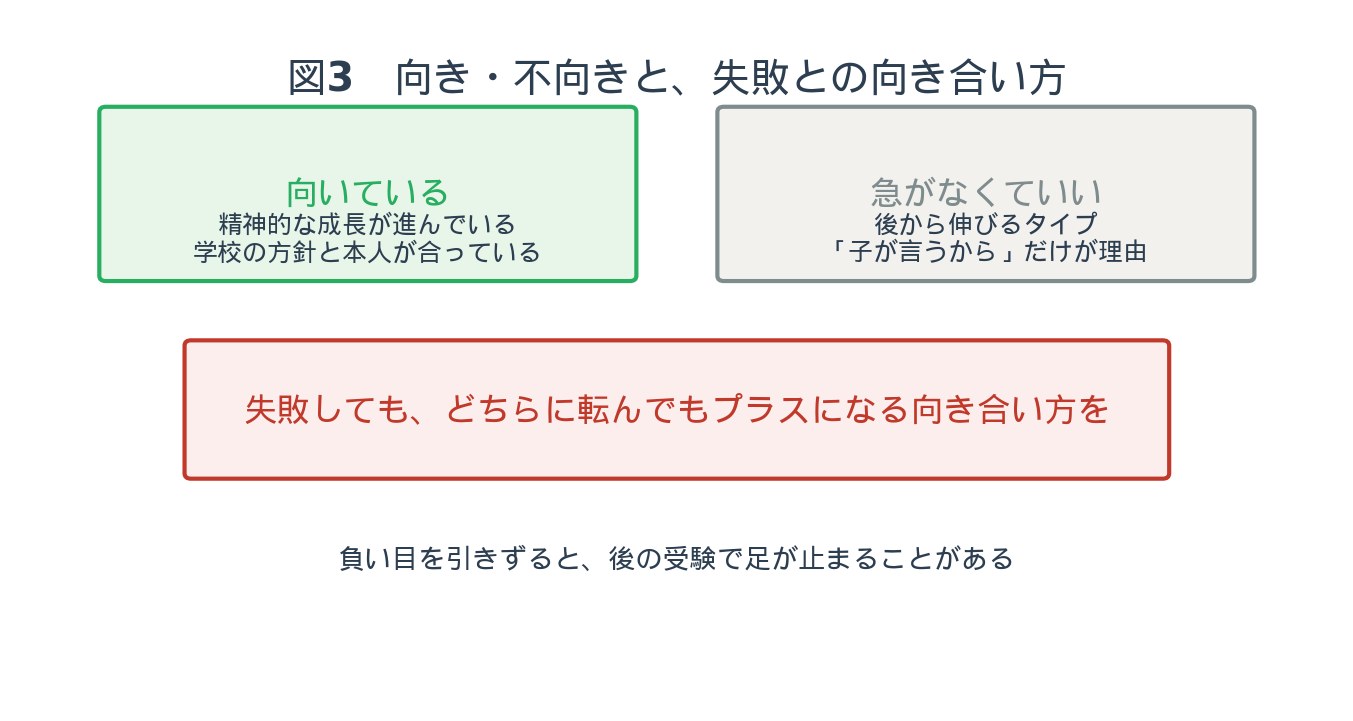 図3：向き・不向きと、失敗との向き合い方 — 精神的な成長が進み学校と合っていれば向いている。後から伸びるタイプは急がなくていい。失敗しても、どちらに転んでもプラスになる向き合い方を