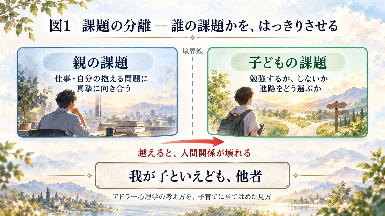 図1：課題の分離 — 親の課題（仕事や自分の抱える問題に真摯に向き合う）と、子どもの課題（勉強するかしないか、進路をどう選ぶか）。越えると人間関係が壊れる
