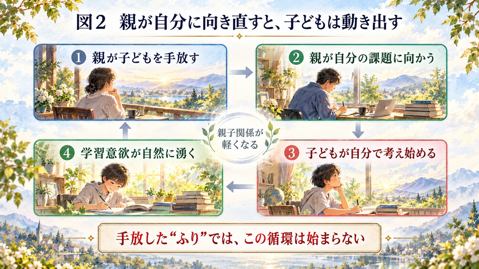 図2：親が自分に向き直すと、子どもは動き出す — ①親が子どもを手放す ②親が自分の課題に向かう ③子どもが自分で考え始める ④学習意欲が自然に湧く、という循環。手放したふりでは、この循環は始まらない